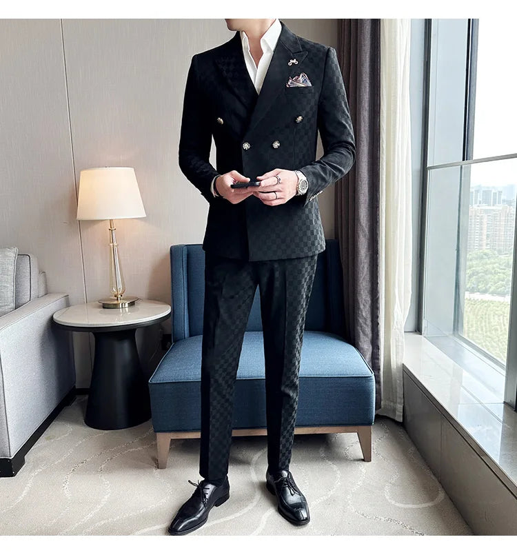 Elegant Double-Breasted Navy Checker Suit for Men – Custom Tailored Business & Wedding Attire, Stylish Formalwear Set