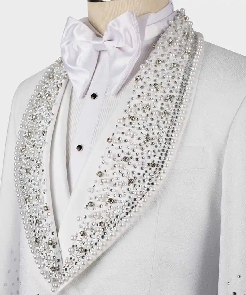 Luxurious Beaded Wedding Suits For Groom Shawl Lapel Single Breasted Tuxedos 3 Pcs Jacket Pants Vest Party Prom Customized