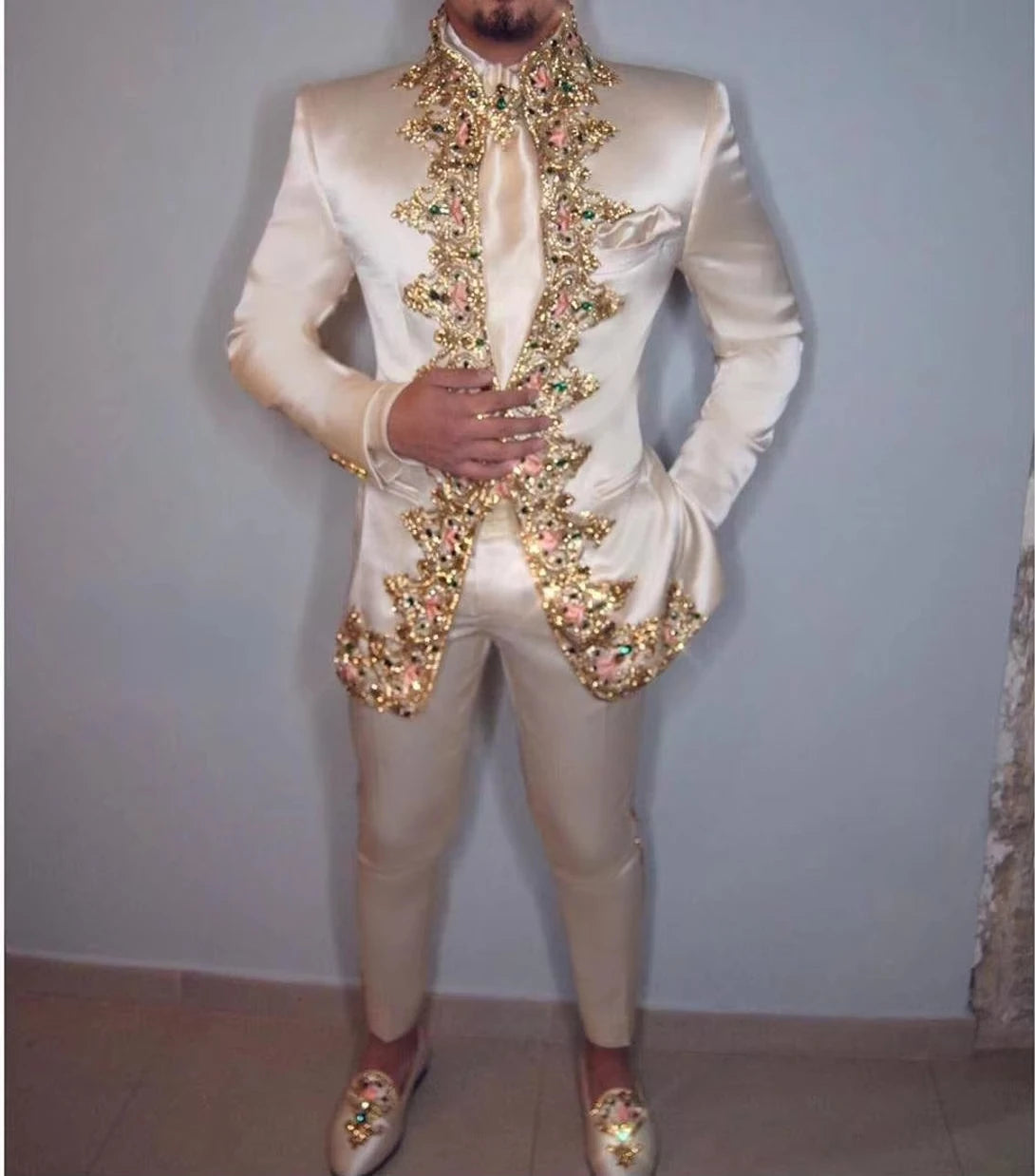 Men Suit Two Piece Jacket+Pants Stand Collar Slim Fit Suits for Men Blazer Customized Wedding Party Formal Occasion Groom