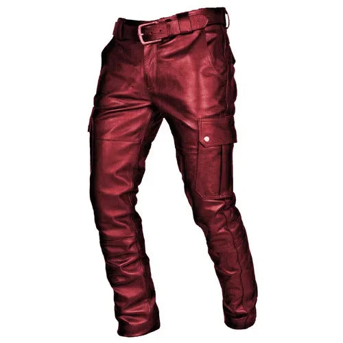 Deep Black System Rock Biker Leather Pants Male Casual American PU Trouser Without Belt