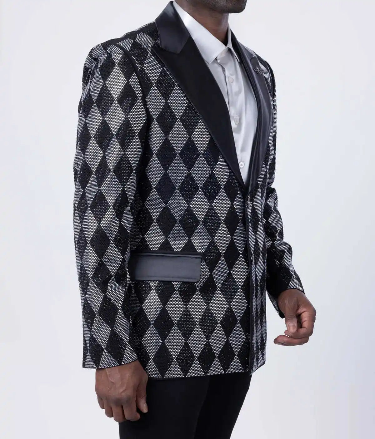 Shining Plaid Men Suit 2 Pieces Jacket Pants Peaked Lapel Crystal Beading Groom Wedding Tuxedos Customized