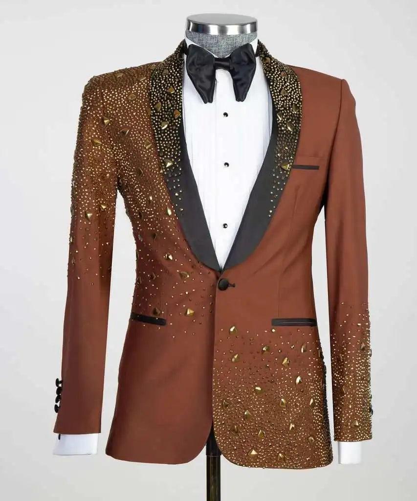 2 Piece Mens Suit Slim Fit Tailor-Made Handmade Beads Diamond Suit Jacket Pants Customized Wedding Formal Occasions Groom Tuxedo