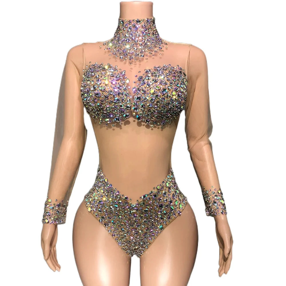 Body sexy en maille transparente avec strass AB scintillants, tenue de danse pour femme, tenue de discothèque, tenue de scène