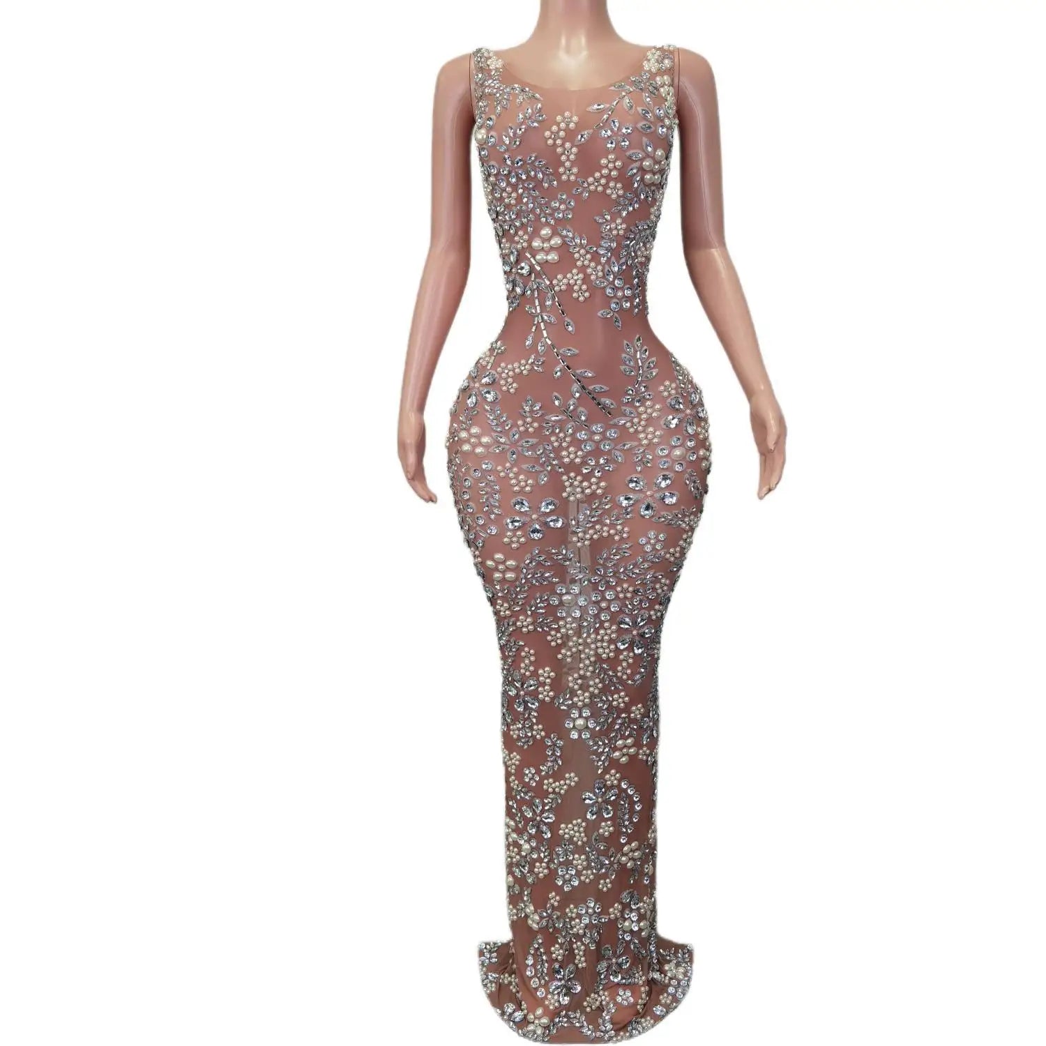 Exy Sparkly Rhinestones Mesh Long Dress Women Wedding Birthday Party Celebrate See-Through Mesh Dress Stage Photo Shoot Gowns