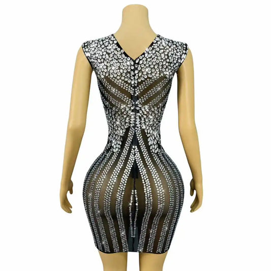 Sexy Stage Transparent Mesh Twinkling Rhinestones Trim Fit Birthday Dress Evening Cocktail Party Gown Red Carpet Show Stage Wear
