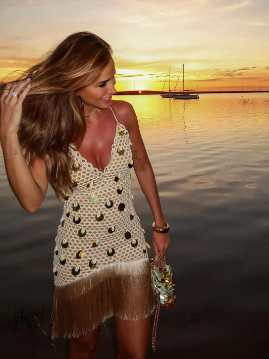 Deep V Sleeveless Naked Waist Zipper Dress New Sexy Women Tassel Mini Dresses Summer Party Evening Female Vestidos Halter Dress