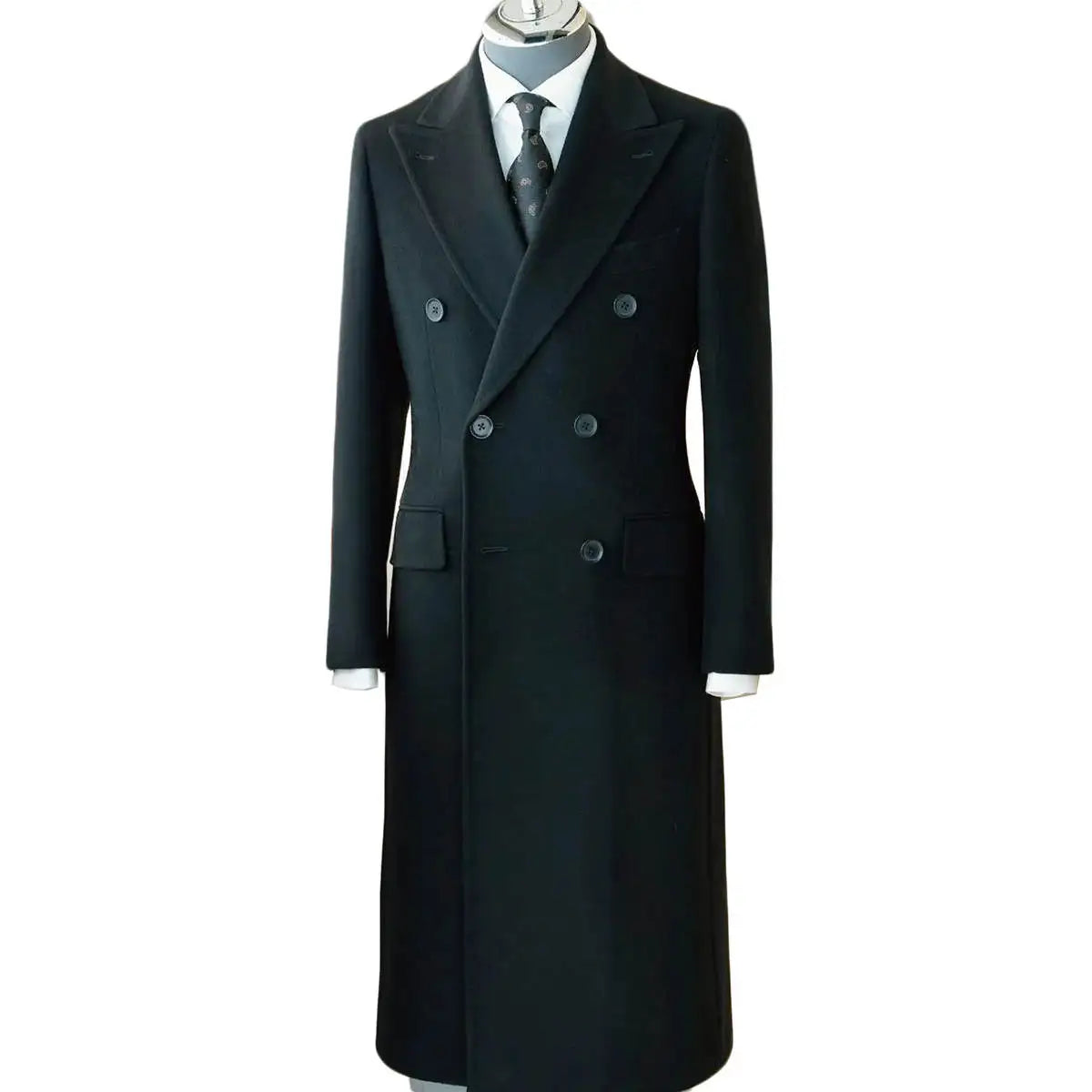 Modern Men Long Coat Double Breasted Wool Blends Business Blazers Exquisite Peaked Lapel Winter Warm Overcoat Customized