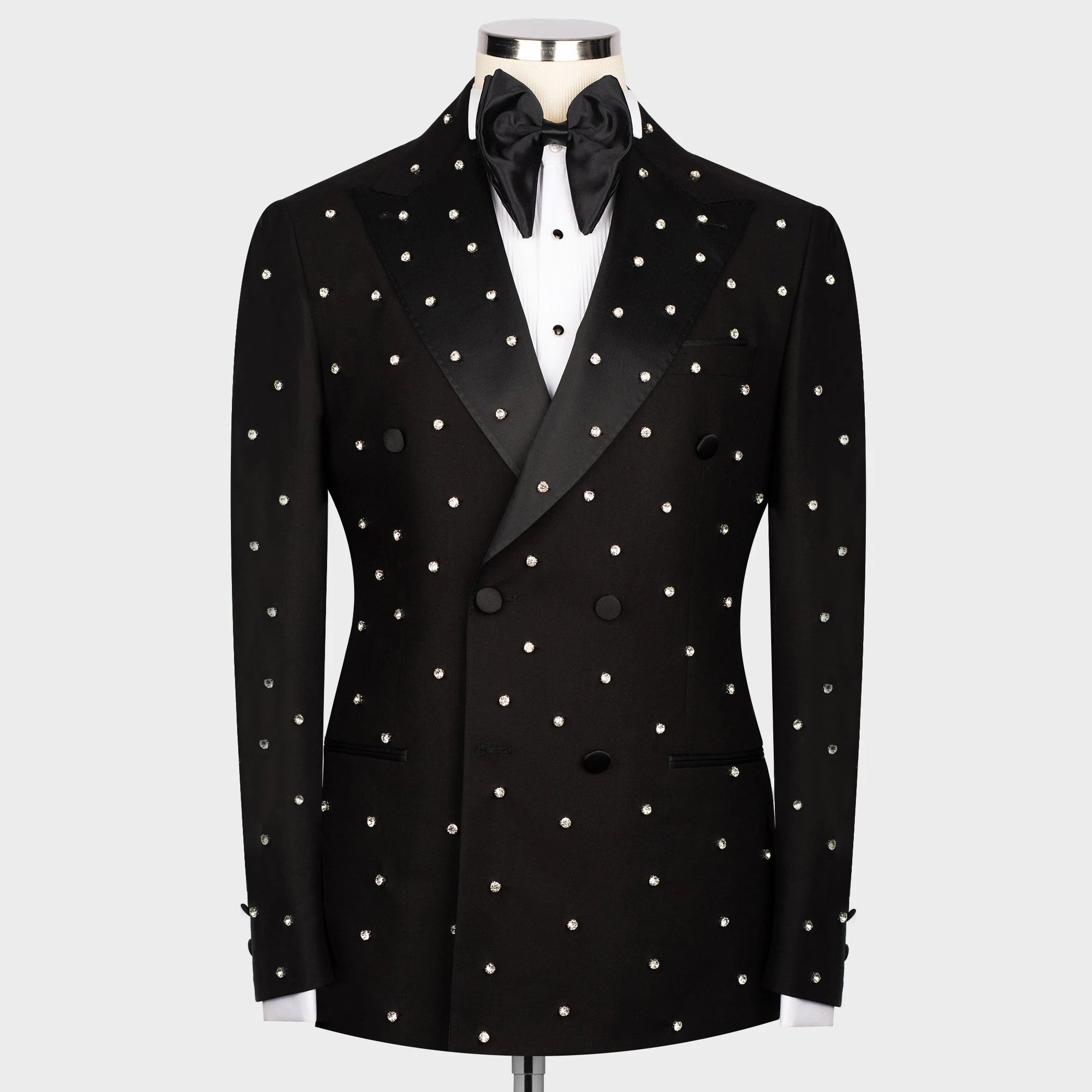Luxury Black Solid Suits Men For Wedding Sparkly Gemstone Beading Blazer Customized Double Breasted Jacket Pants 2 Piece Tuxedos