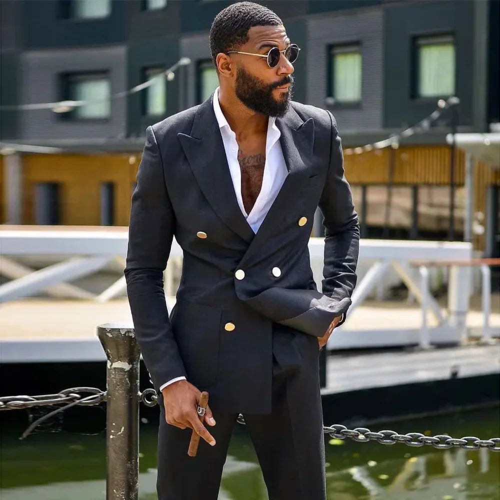 Costume 2 pièces noir élégant pour homme, revers en pointe, croisé, formel, décontracté, smoking de mariage, coupe slim, blazer avec pantalon