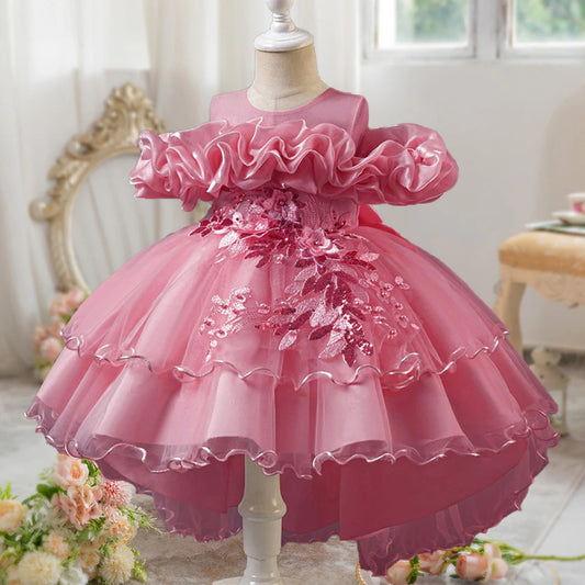 Fashion Pink Flower Girl Party Dresses Wedding Birthday Tulle Princess Dress for Kids Graduation Pageant Bridesmaid Kids Costume
