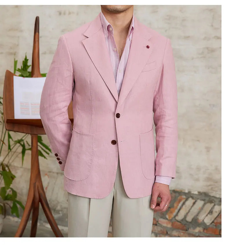 100% Linen Italian Stylish Blazer Men Casual Breathable Half Lining Vintage Suit Jacket Pink White