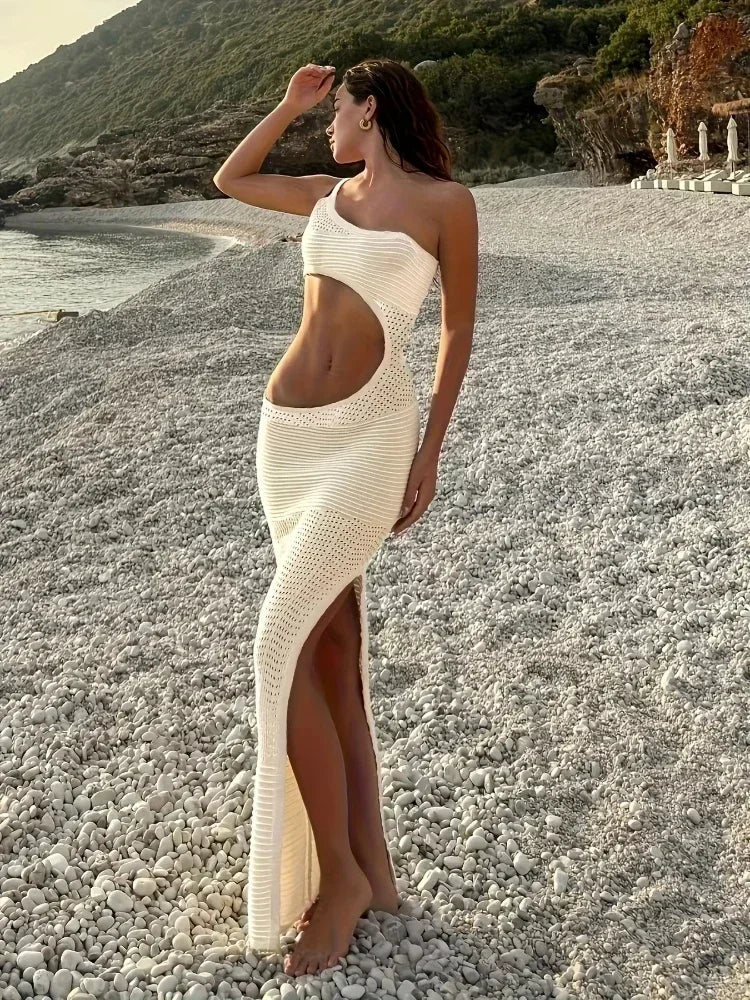 Women Y2k Knit Wrap Beach Maxi Dress Cut Out Beachwear Cover Up Sexy One Shoulder Crochet Bodycon Dress Party Club Outfit