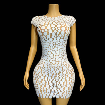 Special White Dots Foam Fashion Design Dress Lady Singer Birthday Party Celebration Stretch Costume Party