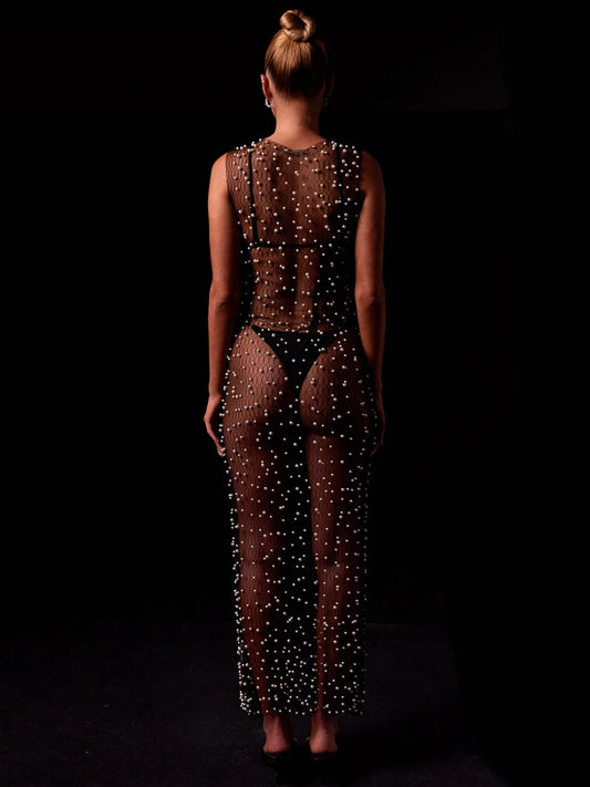 Robe longue en maille transparente pour femme, sans manches, col rond, perles, cache-maillot