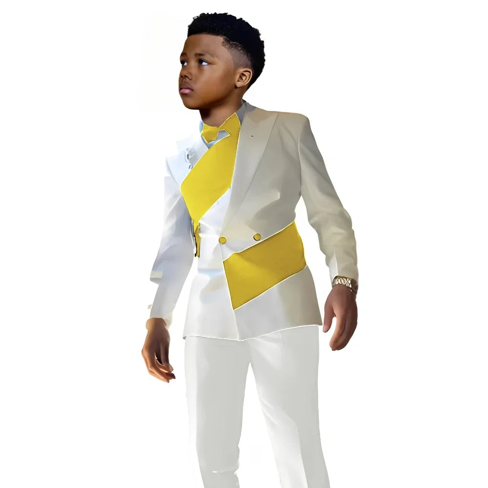Satin Boys Suit 2 Pieces Set Double Breasted White Jacket with Pants Wedding Tuxedo Kids for 2-16 Years Old Boy Slim Fit Suit