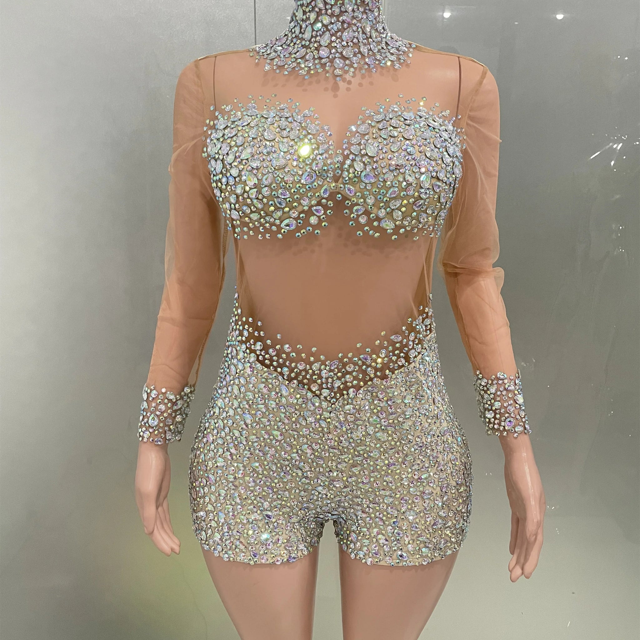 Luxury Sparkle Rhinestones Sexy See-Through Bodysuit Evening Party Performance Costume Bar Nightclub Singer Dancer Stage We