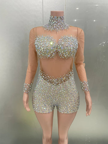 Luxury Sparkle Rhinestones Sexy See-Through Bodysuit Evening Party Performance Costume Bar Nightclub Singer Dancer Stage We