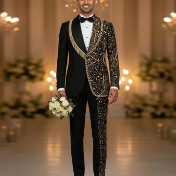 Customized Diamond Metal Embellished Men Suits 3 Pieces Sets Beadeds Party Prom Blazer Ropa Hombre Peaked Lapel Groom Tuxedos