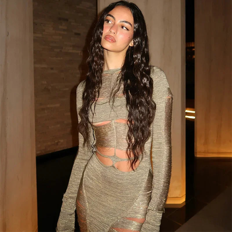 Sexy Hollow Out Evening Party Maxi Dress for Women Long Sleeve Backless Slimming High Waist Luxury Robe New Summer Y2k