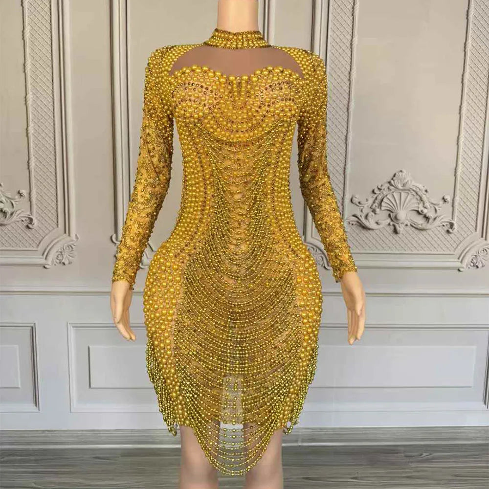 Women Sexy Sparkly Luxury Gold Pearls Dress Birthday Party Festival Party Celebrate Rhinestone Evening Dress Prom Stage Outfit