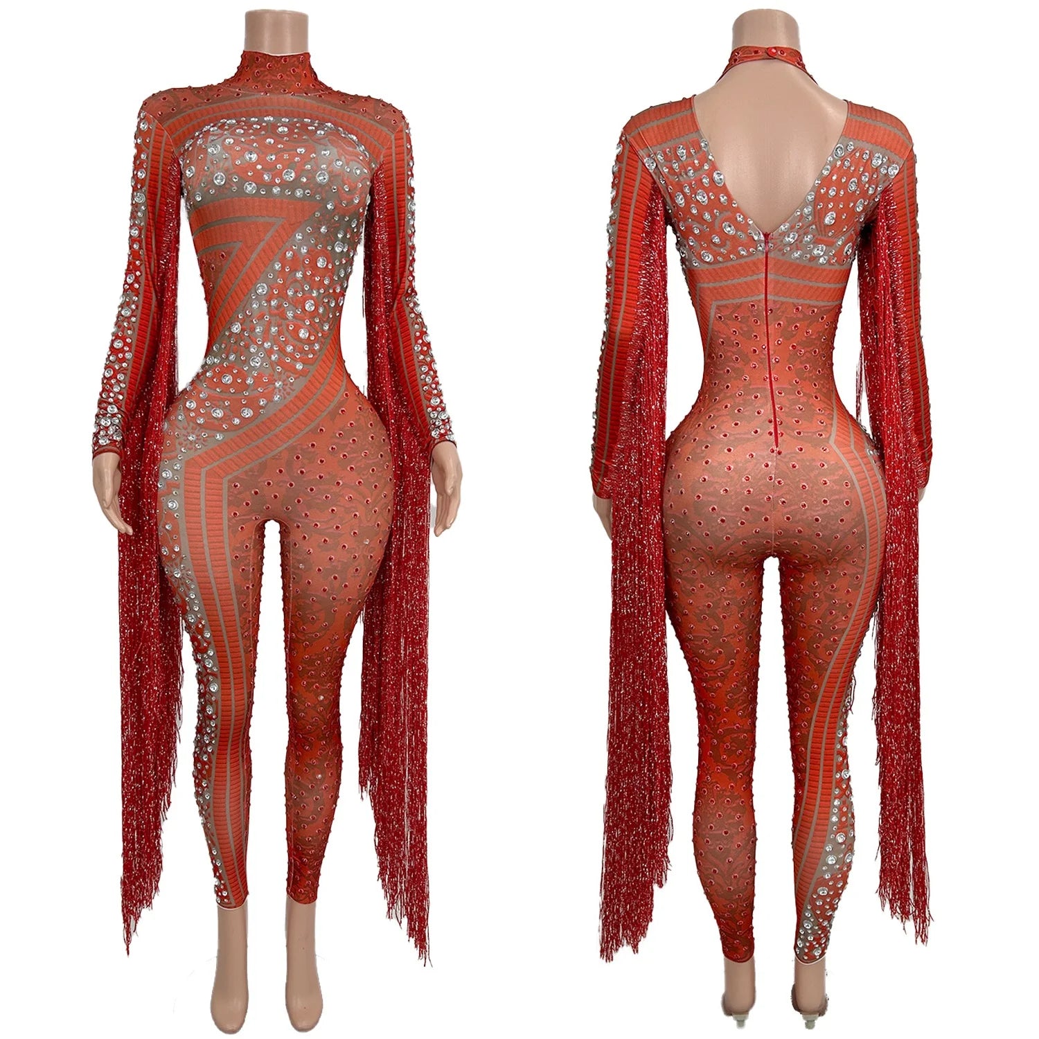Carnival Sparkly Rhinestone Long Tassel Skinny Jumpsuit Sexy Women Night Party Stage Dance Show Outfit Spandex Jumpsuit