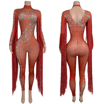 Carnival Sparkly Rhinestone Long Tassel Skinny Jumpsuit Sexy Women Night Party Stage Dance Show Outfit Spandex Jumpsuit