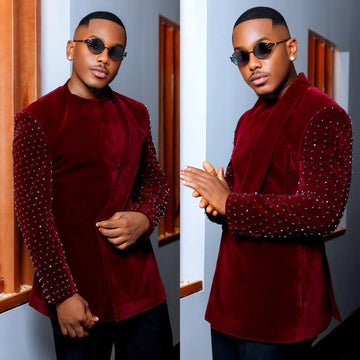 Costume homme unique sur mesure, manteau une pièce, blazer à revers châle, velours perlé, occasion formelle, célébrité, veste personnalisée uniquement
