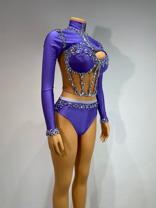 Conjunto de baile de tres piezas con malla de diamantes brillantes para mujer, ropa de diseñador para discoteca, fiesta, club, escenario, actividades
