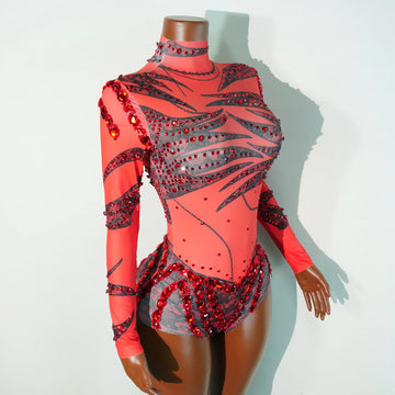 Sparkly Rhinestones Red Print Bodysuit Sequins Dance Singer Showgirl Stage Nightclub Costume Birthday Party Drag Queen Outfit