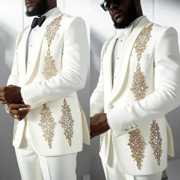 Luxury Men Wedding Suits Appliques Shawl Lapel Single Breasted Tuxedos Groom Business 2 Psc Blazer Pants Custom Made