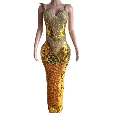 Sparkly Silver Gold Rhinestones Sequins Mesh Long Dress Women Birthday Celebrate Outfit Nightclub Female Singer Sexy Stage Dress