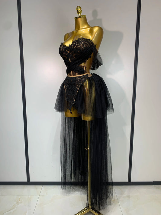 Sexy Cute Mesh Tops Skirt 2 PCS Set Women Celebrate Party Birthday Nightclub Performance Stage Show Outfit