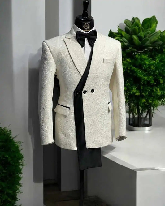 Elegant Men Suits Jacquard Cotton 1 Pieces Set Jacket Peaked Lapel Wedding Tuxedos Business Customized Groom Wear  Suit