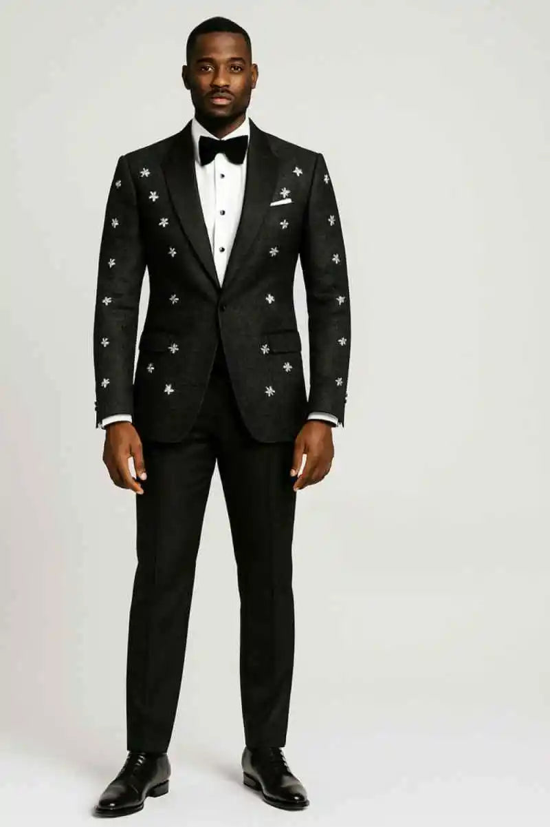 Elegant Groom Wedding Tuxedos Unique Design Star Beading Pants Set Male Fashion Suit Tailored Made Men Clothing Customized