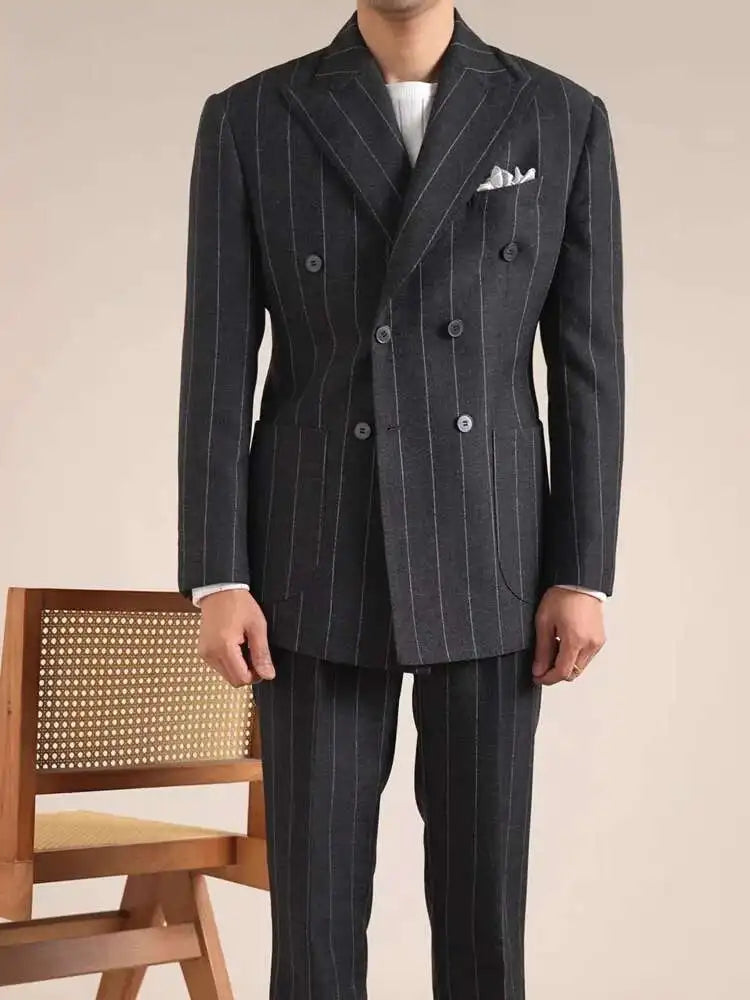 Luxury Stripe Business Suits for Men Double Breasted Formal Casual Dress Suits 2 Pieces Elegant Costume Homme Men Tuxedo Suit