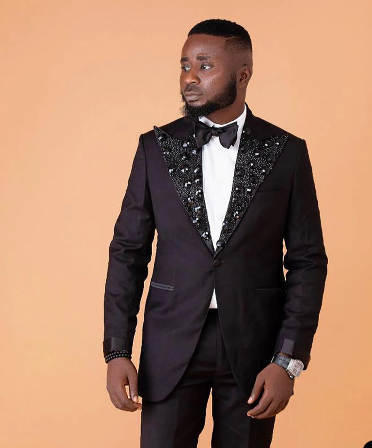 Smoking de mariage pour homme avec perles noires, coupe classique, veste à un bouton, tenue de soirée formelle pour homme, 2 pièces