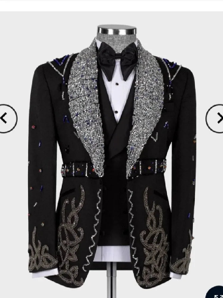 Sparkly Men's Suits Tailor-Made 3 Pieces Blazer Vest Pants One Button Sequins Satin Peaked Lapel Business Wedding Groom Tailored