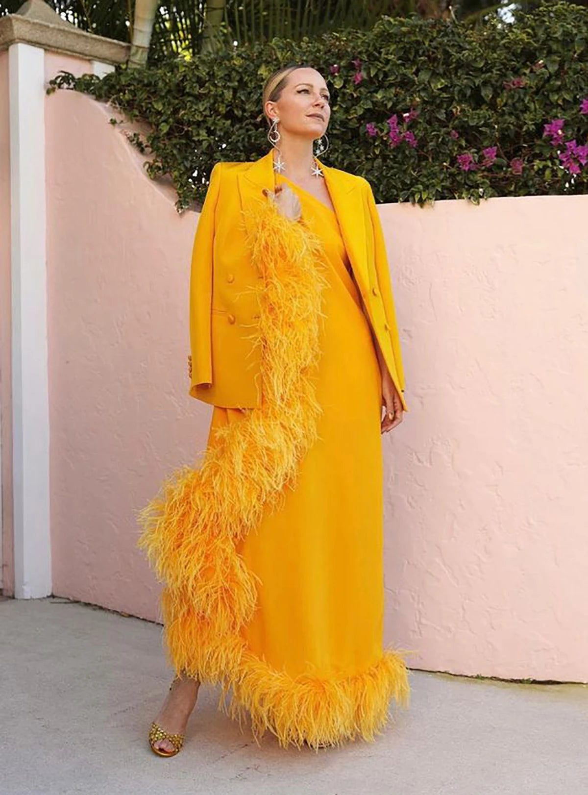 Design Women Dress Suits 2 Pieces Feather One Shoulder Evening Dress+Blazer Customized Wedding Guest Dress Cocktail Outfit