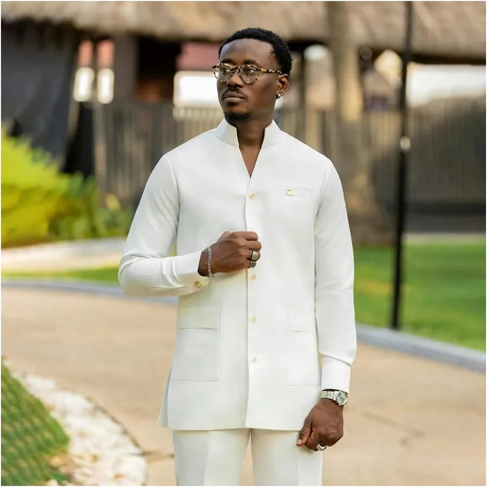 Elegant White Men Suits Single Breasted Stand Lapel Casual Formal Wedding Groom Prom Custom Male Clothing 2 Pieces Jacket Pants