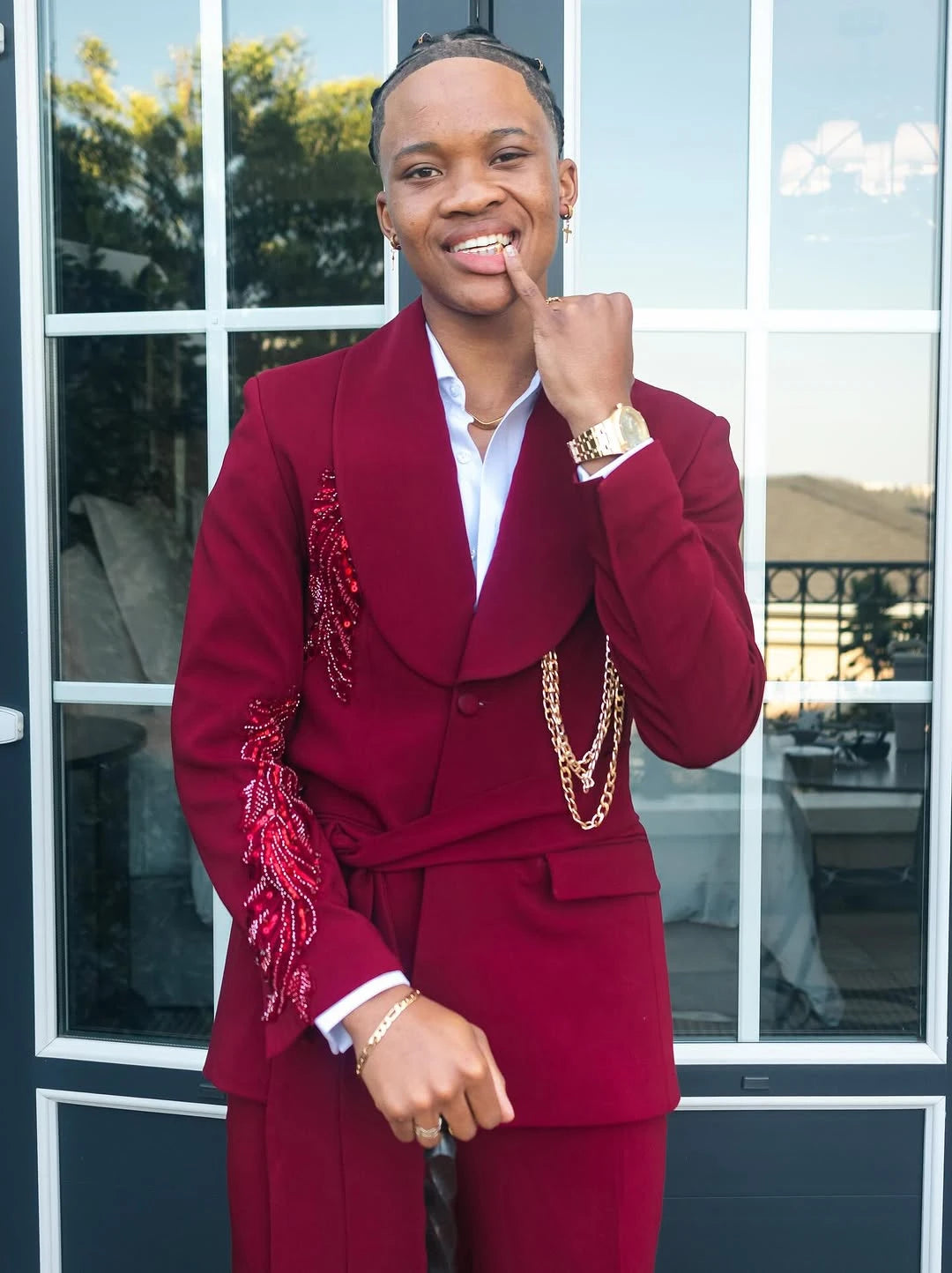 Modern Men's Suit Shawl Lapel Tailor-Made 2 Pieces Set Jacket Appliques Blazer with Belt Sequins Groom Customized Coat Pants