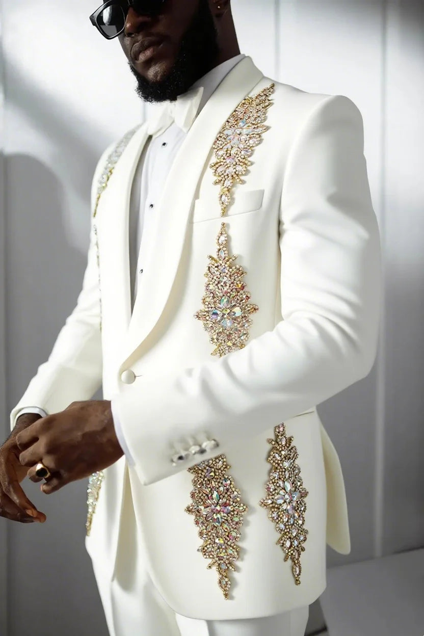 Luxury Men Wedding Suits Appliques Shawl Lapel Single Breasted Tuxedos Groom Business 2 Psc Blazer Pants Custom Made