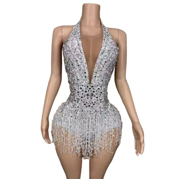 Sexy Deep V Neck Backless Performance Dance Costume Sparkly Rhinestones Pearls Fringes Bodysuit Dancer Stage Wear Club Outfit