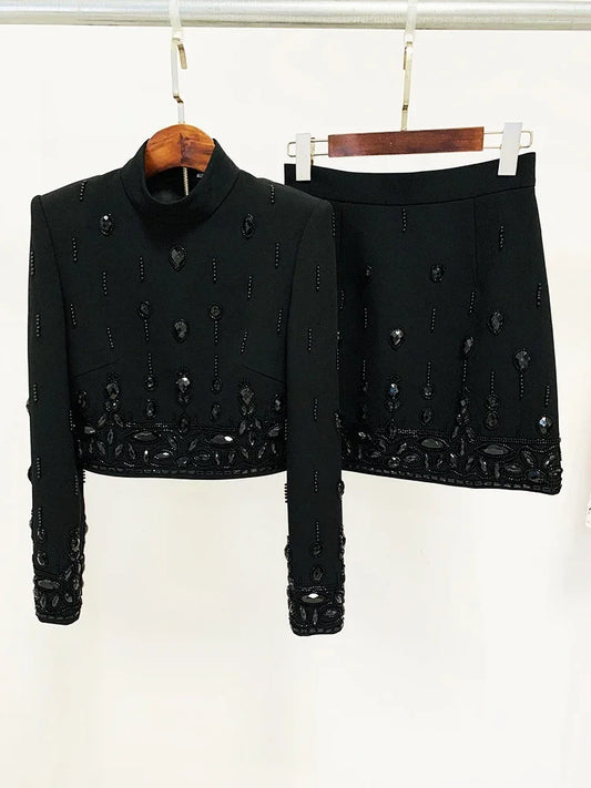 Designer Runway Suit Set Women's Stand Collar Zip Back Cropped Tops Mini Skirt Set 2pcs