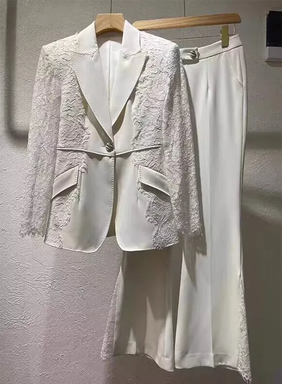 Suit Set Women's Lace Patchwork Single Button Blazer Flare Pants Set 2pcs