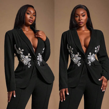 Slim Fit Women Blazer Sets 2 Pieces Flowers Appliques Wedding Tuxedos Prom Dressing Formal Guest Wear Pants