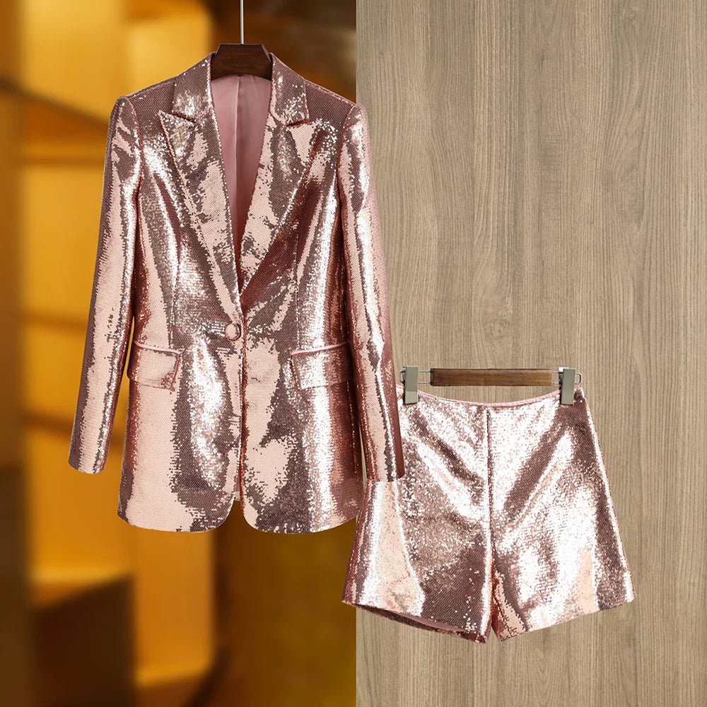 Beautiful Champagne Color Party Design Shining Eye-catching Women Chic Sequined Blazer Shorts Suits 2PCs Sets