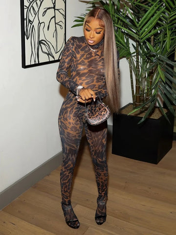 Nibber Full Sleeve Leopard Print Foot Jumpsuit Women See Through Turtleneck Coquette Midnight Club Activity Workout Overalls