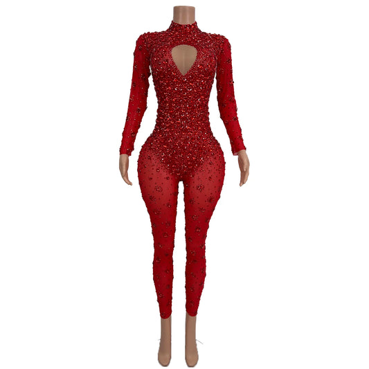 Combinaison fourreau sexy en maille avec strass rouges scintillants, tenue de soirée, de spectacle, de discothèque, de chanteur, de danseuse, tenue de scène 