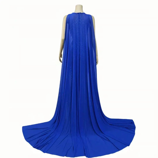 Luxury High-end Sparkly Blue Rhinestones Cloak Gown Outfit Sexy High Split Mesh Dress Party Prom Red Carpet Show Stage Wear
