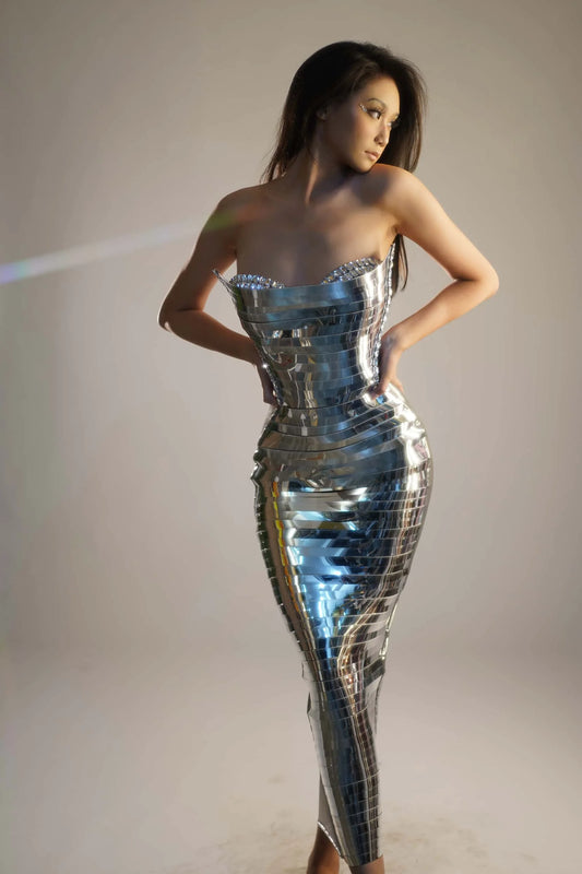 Women Stage Performance Costume Silver Sequins Rhinestone Fancy Outfit Sexy Backless Shiny Birthday Party Dresses